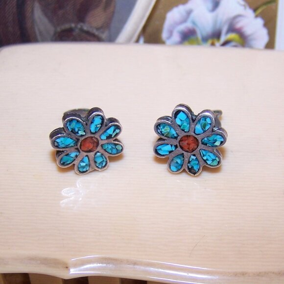 Native American Sterling Silver Coral Turquoise Inlay Clip Earrings - Picture 1 of 7